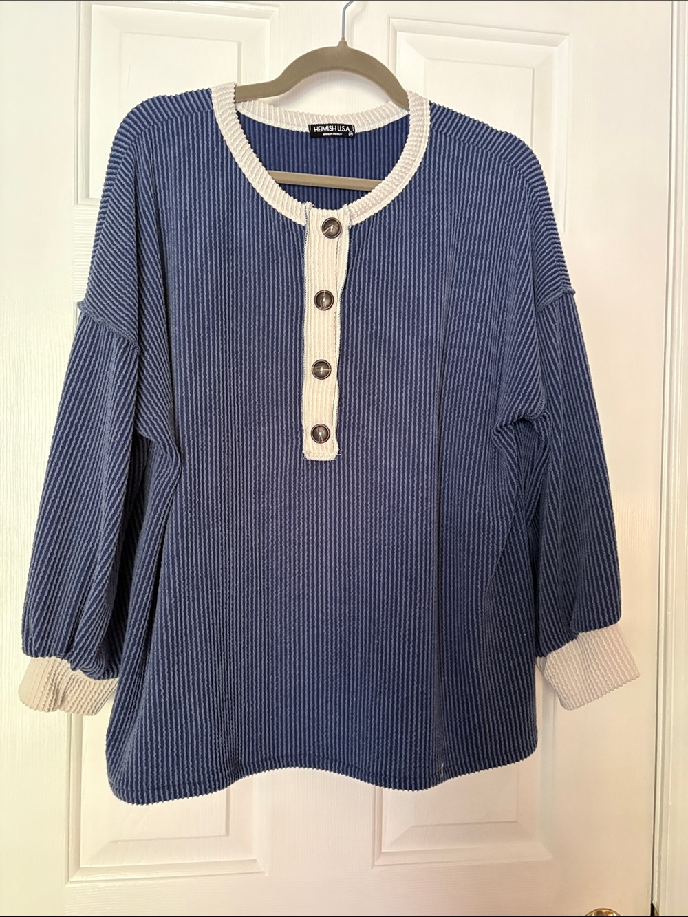 Hannah Navy Ribbed Henley Sweatshirt with Cream Trim